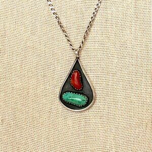 Vintage Southwestern Sterling Silver Turquoise and Coral Necklace